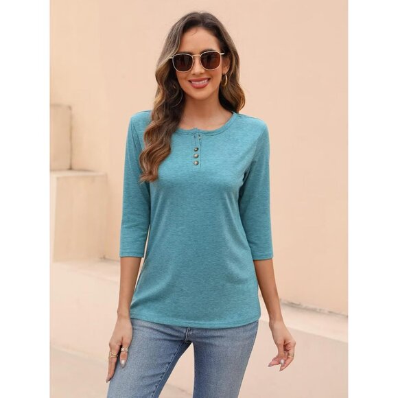 Women's Cotton Spandex Crew Neck 3/4 Sleeve Top Casual Blouse - Picture 3 of 5